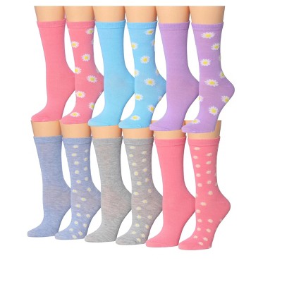 Tipi Toe Women's 12 Pairs Graceful Florals Soothing Tones Colorful Patterned Lightweight Crew Socks