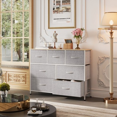 TV Stand, Dresser - 7 Drawer with Sturdy Steel Frame & Wood Top, Fabric Storage Tower