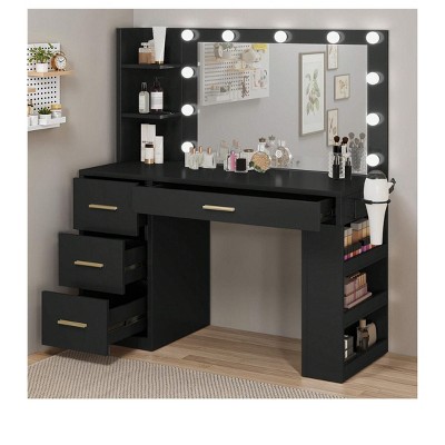 Makeup Vanity Desk Set 11 Bulbs And Mirror 4 Drawers and Built-in Shelves With Power Outlet 3 Adjustable Light Modes for Bedroom Black