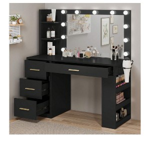 Makeup Vanity Desk Set 11 Bulbs And Mirror 4 Drawers and Built-in Shelves With Power Outlet 3 Adjustable Light Modes for Bedroom Black - 1 of 4