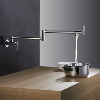 Polished Chrome Wall-Mounted Pot Filler Faucet with Double Joint Swing Arm