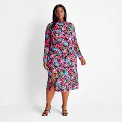 Women's Plus Size Floral Print Long Sleeve A-Line Dress - Future Collective™ with Kahlana Barfield Brown Pink/Black 4X