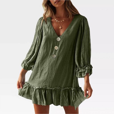Womens Ruffled Baby Doll Dress Front Button V Neck Flowy Dress Beach Sundress with 3/4 Sleeve Linen A Line Dress Summer Mini Dress,Army Green - S