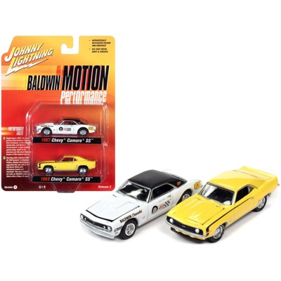 1969 Chevrolet Camaro SS Yellow & 1967 Camaro SS White "Baldwin Motion" Set of 2 pcs 1/64 Diecast Model Cars by Johnny Lightning