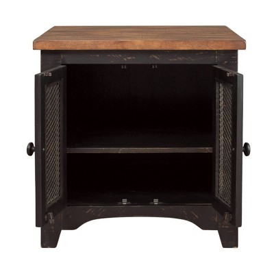 Valebeck Vintage Black and Brown Rectangular End Table with Interior Shelves
