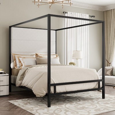 Merax Elegant Modern Canopy Bed with Tall Velvet Upholstered Headboard