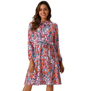 INSPIRE CHIC Women's Tie Neck Chiffon Long Sleeves Vintage Belted Floral Dress - 1 of 4