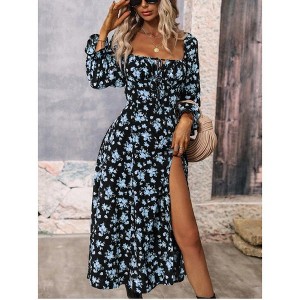 Women's Floral Square Neck Maxi Dress Bubble Long Sleeve Side Slit Flowy Boho Dresses - 1 of 4
