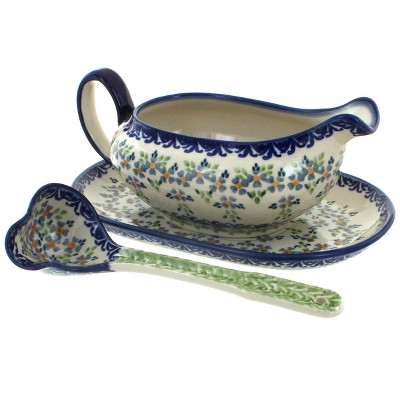 Blue Rose Polish Pottery S119 Manufaktura Gravy Boat Plate & Ladle