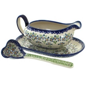 Blue Rose Polish Pottery S119 Manufaktura Gravy Boat Plate & Ladle - 1 of 2