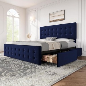 coucheta Upholstered Platform Bed Frame with 4 Storage Drawers Diamond Stitched Button Tufted Headboard Wooden Slats Support - 1 of 4