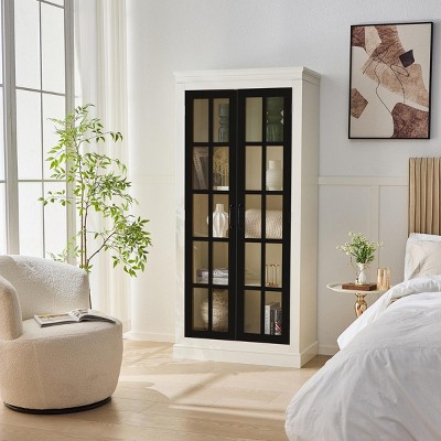 INFURNIC Decorative Storage Cabinets Freestanding Pantry with Glass Door Lattice Window and Ample Storage for Living Room, Black, 33"*15.75"*71.2"