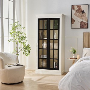 INFURNIC Decorative Storage Cabinets Freestanding Pantry with Glass Door Lattice Window and Ample Storage for Living Room, Black, 33"*15.75"*71.2" - 1 of 4