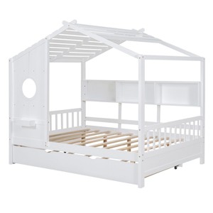 TopComfy Beds Wooden Full Size House Bed with Trundle Modern Design Storage Shelf Wooden Build Trundle Shelf for Bedroom, White, 78.1"*14.75"*7.15" - 1 of 4