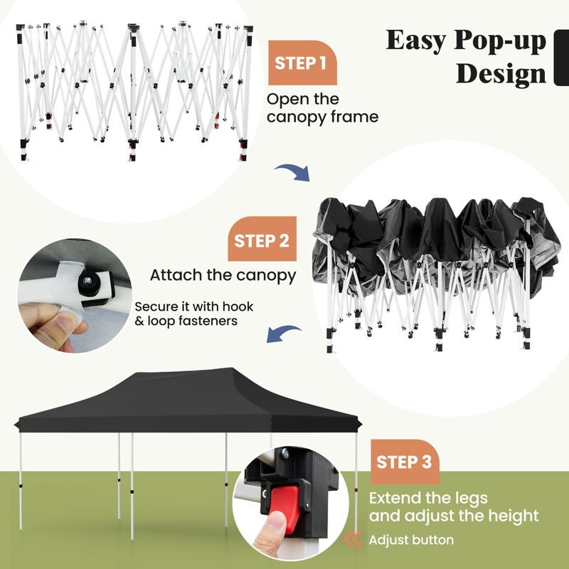 Tangkula 10 x 20FT Pop-up Canopy Tent Folding Instant Sun Shelter w/ 3 Adjustable Heights Carrying Bag 12 Stakes & 6 Ropes Heavy-Duty Outdoor Commercial Tent for Patio Black/Grey/White/Blue, 5 of 11