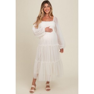 PinkBlush Cream Mesh Tiered Long Sleeve Maternity Maxi Dress Medium