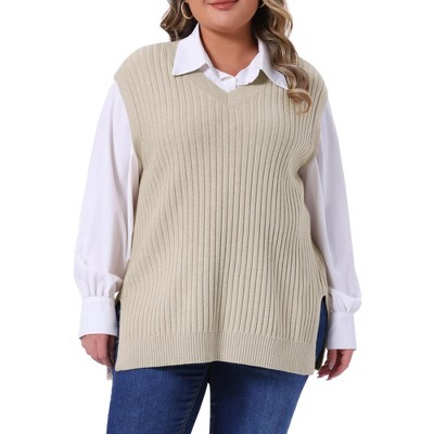Women's Plus Size Ribbed Knit Split Hem V Neck Sleeveless Casual Loose Sweater Vest - Agnes Orinda 3X Beige