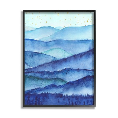 Stupell Industries Blue Mountains Trees Scenery Shining Stars Sky Black Framed Giclee Art