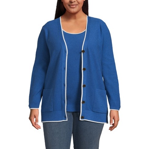 Lands' End Women's Plus Size Fine Gauge Cotton Cardigan and Tank Sweater  Set - 1x - Light Twlight Heather/Ivory