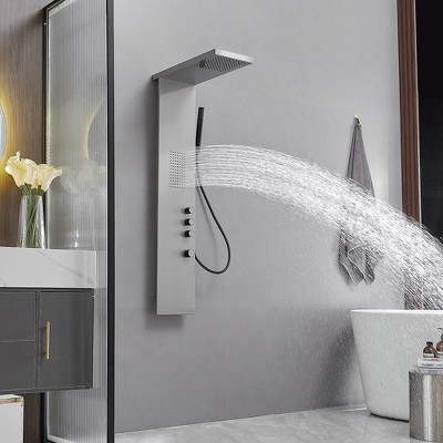 Brushed Nickel Multi-Function Shower Panel with Rainfall and Massage Jets