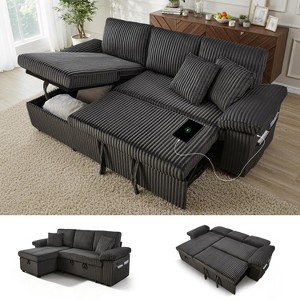 TiramisuBest Convertible Corduroy Sleeper Sofa Bed, 63" Pull Out Loveseat, 3 in 1 Sofa Couch with Adjustable Backrest, USB Ports,Dark Grey - 1 of 4