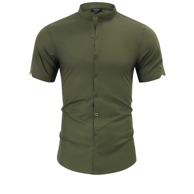 Men's Muscle Dress Shirts Banded Collar Short Sleeve Casual Button Down Shirt