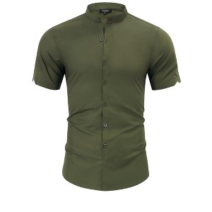 Men's Muscle Dress Shirts Banded Collar Short Sleeve Casual Button Down Shirt - 1 of 4