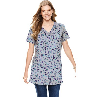 Woman Within Perfect Printed Short-Sleeve Shirred V-Neck Tunic