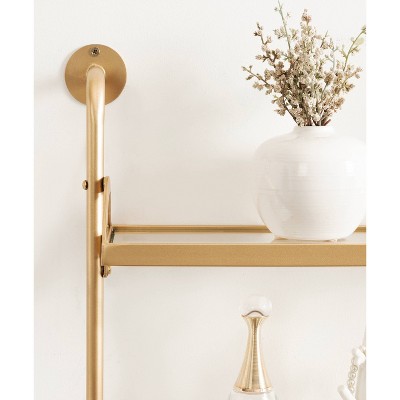 Gold Metal Three-Tier Floating Wall Shelf with Glass