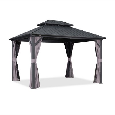 PURPLE LEAF Permanent Hardtop Gazebo Aluminum Frame Gazebo with Galvanized Steel Double Roof, UV-Resistant, Netting & Curtains included - Grey