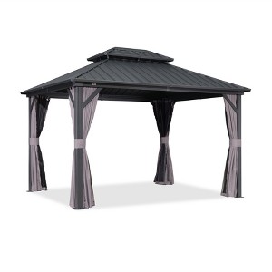 PURPLE LEAF Permanent Hardtop Gazebo Aluminum Frame Gazebo with Galvanized Steel Double Roof, UV-Resistant, Netting & Curtains included - Grey - 1 of 4