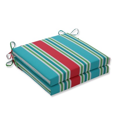 Pillow Perfect 20" x 20" x 3" 2pk Aruba Stripe Squared Corners Outdoor Seat Cushions Turquoise/Coral