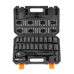 KFFKFF Impact Socket Set with 1/2" Drive, Comprising 23 Pieces in SAE (7/16" -1") & Metric Measurements, 6 Point Cr-V Alloy Steel,BLACK - 1 of 4