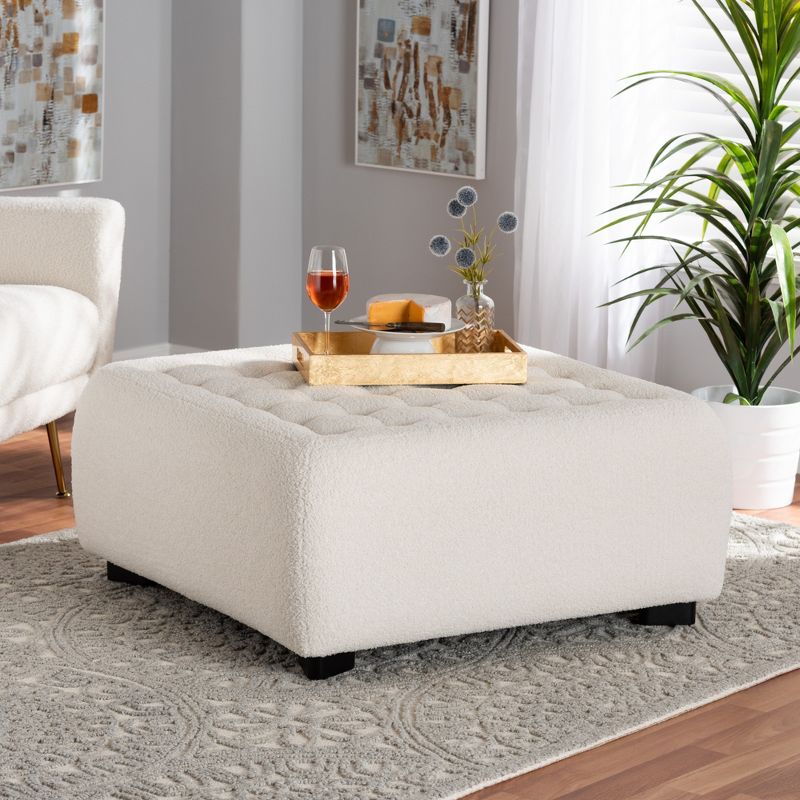 Baxton Studio Athena Modern and Contemporary Ivory Boucle Upholstered and Black Finished Wood Square Ottoman, 1 of 8