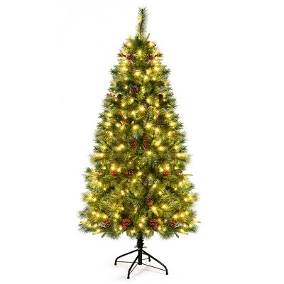 Costway 6Ft Pre-lit Hinged PE Artificial Christmas Tree w/ 250 LED Lights & Pine Cones