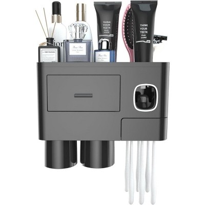 Attop Toothbrush Holders for Bathrooms, 2 Cups Toothbrush Holder Wall Mounted with Toothpaste Dispenser Cosmetic Drawer
