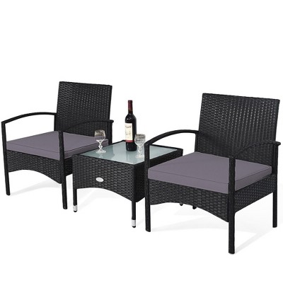 Tangkula 3 PCS Patio Wicker Rattan Furniture Set Coffee Table & 2 Rattan Chair w/ Cushion Grey