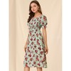 Allegra K Women's Cottagecore Floral Square Neck Puff Sleeves Summer Midi Smocked Dress - 4 of 4