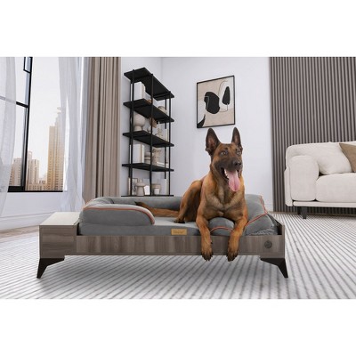 Large Smokey Grey Wooden Elevated Pet Bed with Storage and Mattress