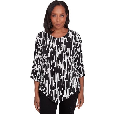 Alfred Dunner Womens Vertical Geometric Top With Necklace