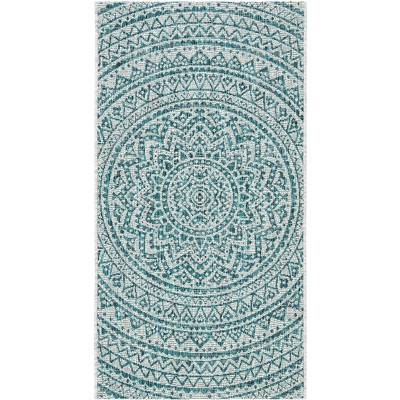 Light Grey/Teal Easy-Care Rectangular Synthetic Area Rug 5' x 7'
