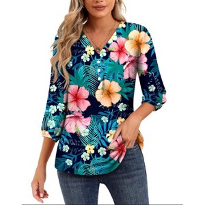 Nlife Women's Casual V Neck Floral Print 3/4 Length Sleeve Blouses Tropical Hawaiian Shirt Tops - 1 of 4