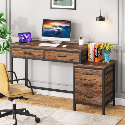 PAGED 51" Reversible Computer Desk Rustic Home Office Desk with Reversible 3-Drawer File Cabinet and 2 Integrated Drawers for Living Room
