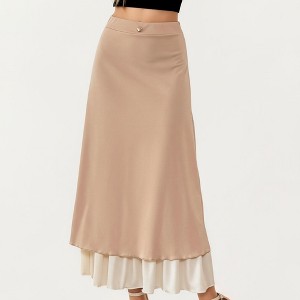Anna-Kaci Women’s Layered Midi Skirt with Smooth Satin Finish Soft Flowing Silhouette and Elegant Dual-Layer Hem Detail - 1 of 4