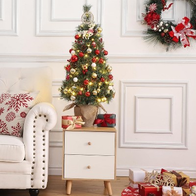 3/4.5FT Snow Flocked Prelit Christmas Tree with Warm White LEDs & Mini Pine Tree, for Home Office Yard Indoor Outdoor Holiday Decor
