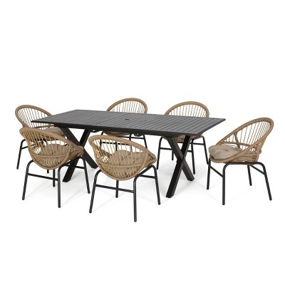 7pc Coniston Outdoor Wicker & Aluminum Expandable Dining Set with Cushions Light Brown - Christopher Knight Home: UV-Resistant, Seats 6