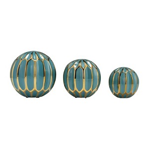 Sagebrook Home Set of 3 Decorative Orbs - Contemporary Turquoise and Gold Round Orb Decor - Ceramic Home or Office Table - 1 of 4