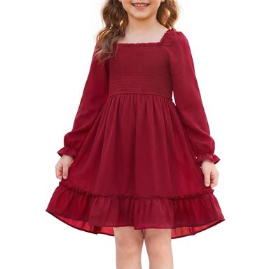 burgundy dress 5t INSPIRE CHIC Girls Square Neck Long Sleeve Ruffle High Low Hem Autumn Kids for 5-12 Years Large Sizes for babies BestFormal Green Perfect Refinement Emerald Color:Dew Drop