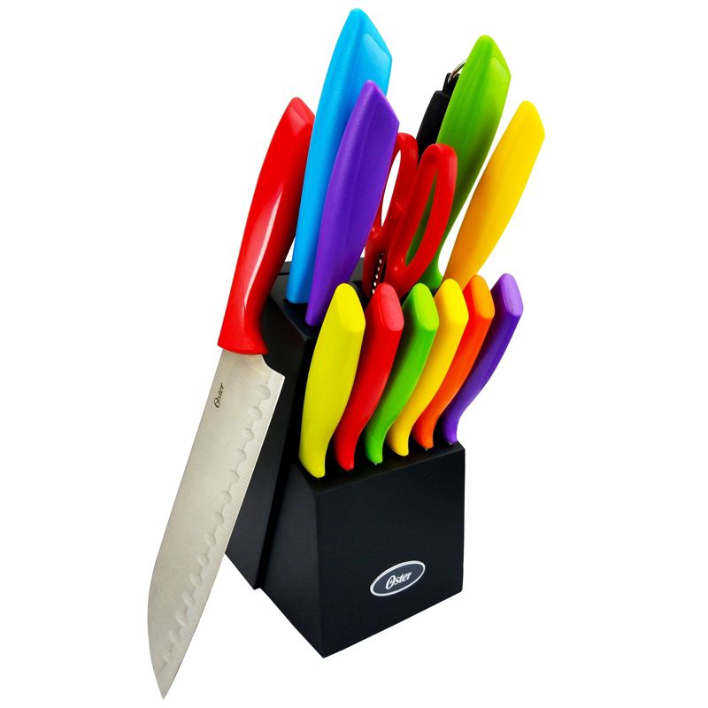 Oster 14 Piece Stainless Steel Assorted Color Cutlery Knife Set with Wood Storage Block, 4 of 6