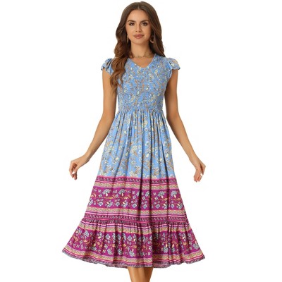 Allegra K Women's Midi Ruffled Flutter Sleeve Smocked Boho Floral Dresses